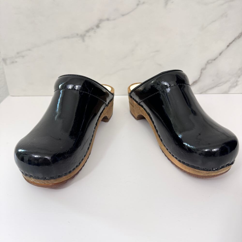 Sanita Black Patent Leather Clogs